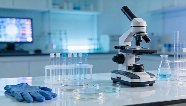Laboratory benchtop with microscope, test tubes, petri dishes and gloves for research