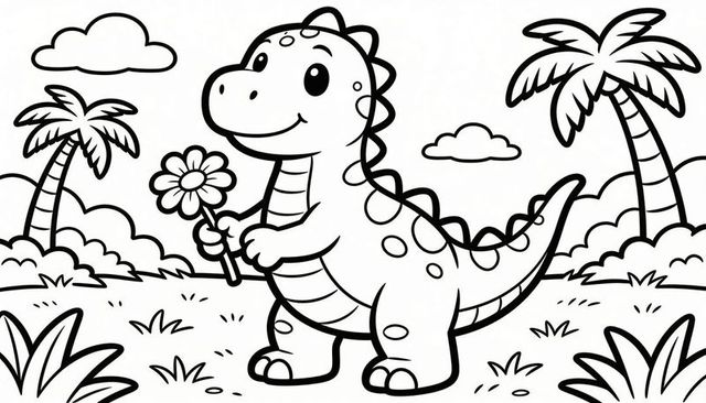 Smiling cartoon dinosaur holding daisy in tropical clearing coloring page line art