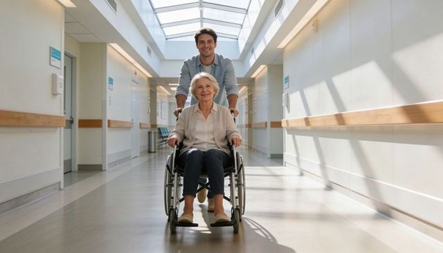 Adult caregiver pushing senior woman in wheelchair down sunlit skylit hospital corridor