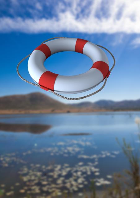 Digital composite of lifebuoy in mid-air, suitable for conveying themes of water safety, emergency preparedness, and rescue. Ideal for use in educational materials, boating safety campaigns, or outdoor adventure promotions.