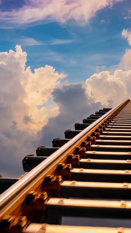 Vertical Railway Tracks Leading Up Into Dramatic Cloudscape with Golden Light