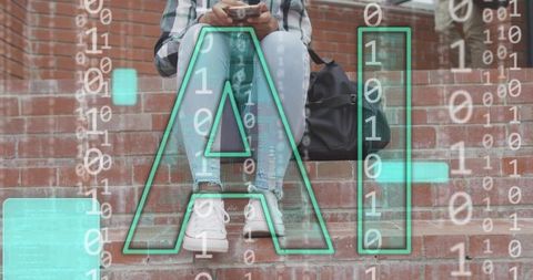 Teen using smartphone on campus steps with ai digital overlay and binary code graphics