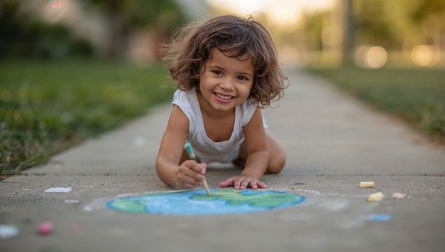 Joyful girl coloring chalk planet on suburban sidewalk