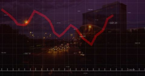 Financial Data Overlaid on Night Cityscape with Red Trend Line - Download Free Stock Images Pikwizard.com