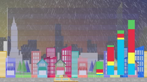 Colorful Digital City Data Visualization with Rain Effects