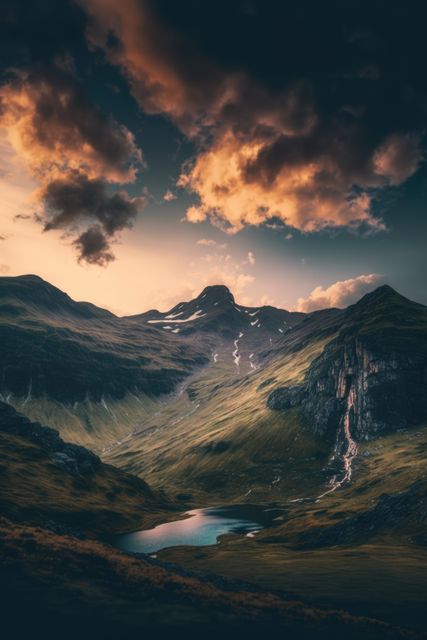 Dramatic mountain landscape at sunset features a rugged terrain with a winding river and a small lake nestled among tall peaks. Illuminated clouds add an atmospheric effect, enhancing the beauty of the natural setting. Ideal for use in travel magazines, marketing materials, nature-themed calendars, or as a serene background for websites focusing on outdoor adventures and scenic travel destinations.