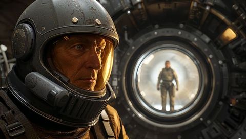 Senior astronaut gazing through spacecraft hatch with reflective visor and metal airlock