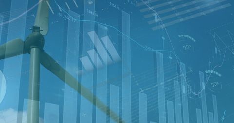 Wind Turbines with Superimposed Financial Graphs Highlighting Renewable Energy