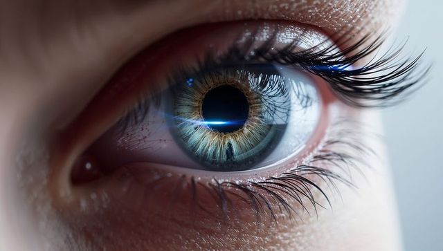 Macro close-up revealing blue-green iris detail with sharp pupil, long lashes, high-gloss