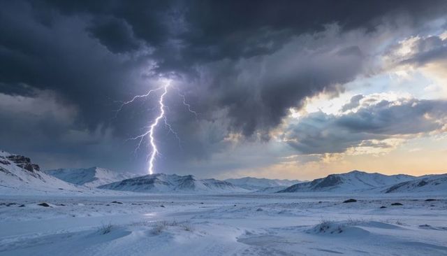 Forked Lightning Striking Snow-Covered Mountain Valley at Dramatic Twilight