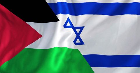 Israel and palestine flags together symbolizing conflict