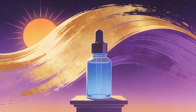 Blue glass dropper bottle on golden wave backdrop with purple celestial glow mockup