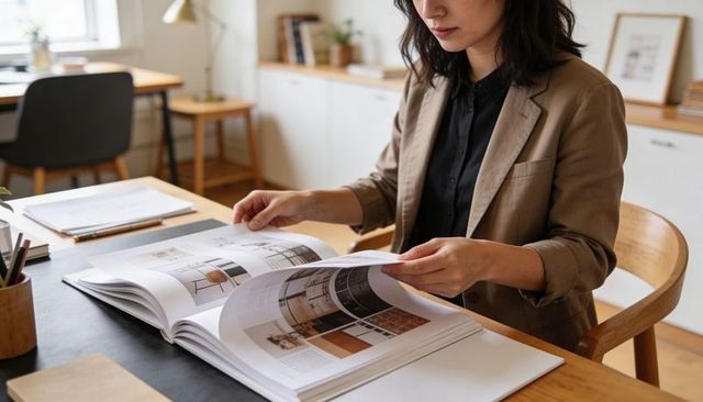 Asian woman reviewing design catalog at sunlit wooden desk in modern studio workspace
