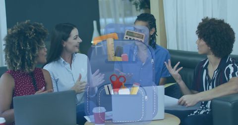 Overlay of School Backpack Icon on Office Meeting Scene