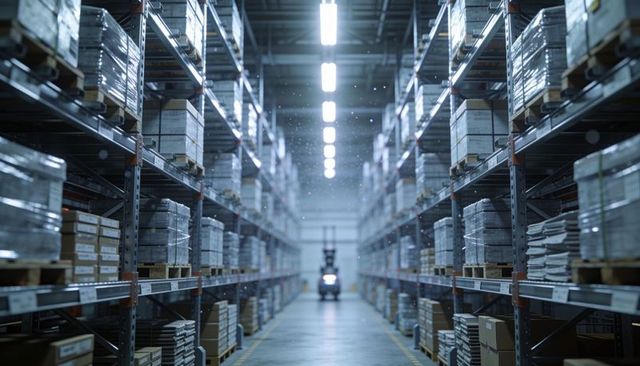 Forklift headlights illuminating high-bay warehouse aisle with stacked pallets and leds