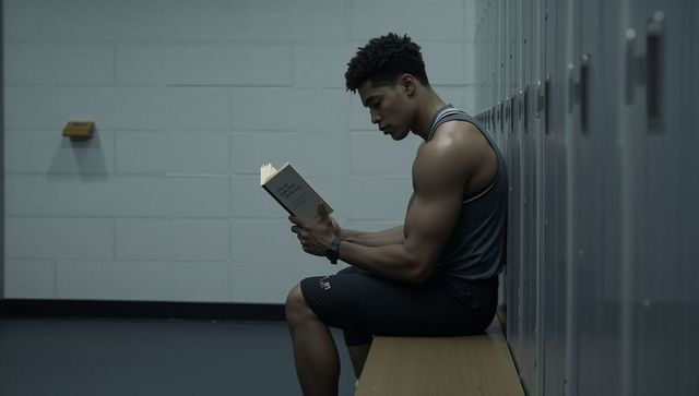 Muscular athlete reading on locker room bench, focused solitude for fitness mindset