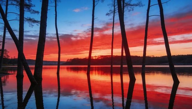 Slim pine silhouettes reflecting on mirror lake under fiery sunset sky