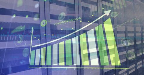 Digital interface with financial data overlaid on server room