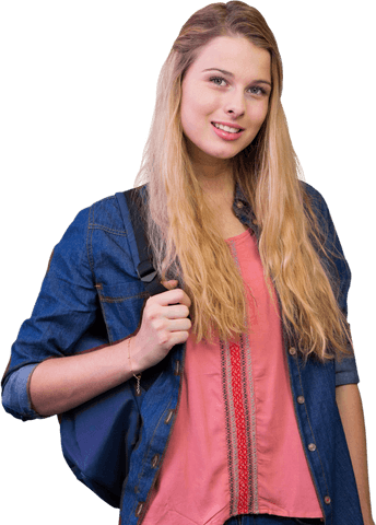 Transparent confident student in denim jacket smiling posing
