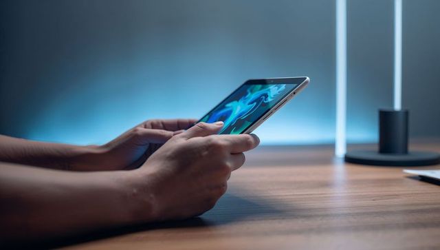 Hands Holding Slim Tablet on Wooden Desk with Blue Ambient Lighting