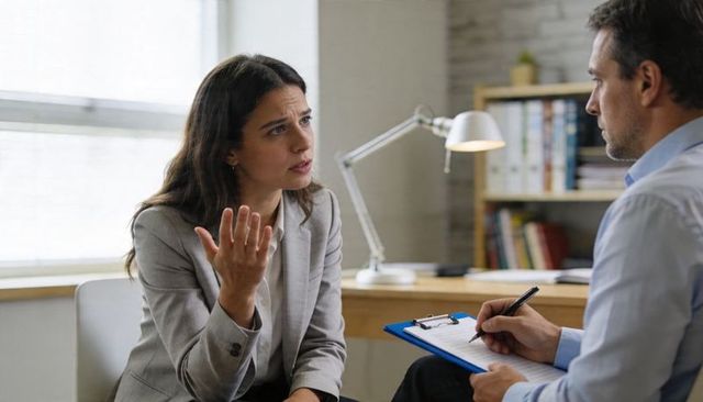 Concerned woman consulting therapist while clinician taking notes on clipboard in office