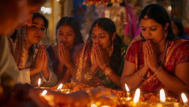 Women in Silk Saris Praying at Temple during Candlelit Ceremony