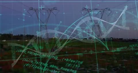 High-Voltage Transmission Tower with Futuristic Overlay at Dusk