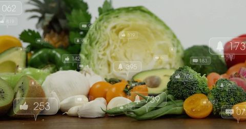 Colorful fresh produce with social media elements