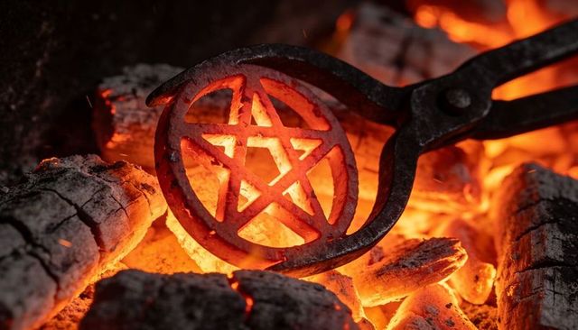 Forging pentagram medallion glowing in hot coals held by iron tongs dramatic ember light