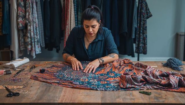 Female seamstress smoothing vibrant bohemian fabric on wooden table in fashion studio