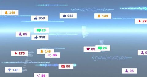 Floating social media notification badges over minimal digital interface