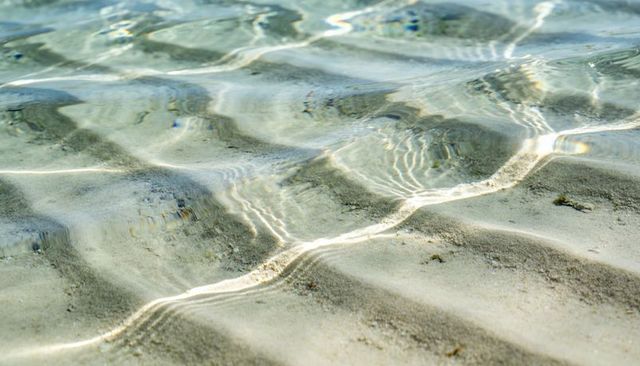 Sunlight shimmering over rippled shallow seabed with clear water caustics