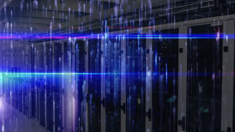 Futuristic Data Center with Digital Overlay and Blue Light Effects