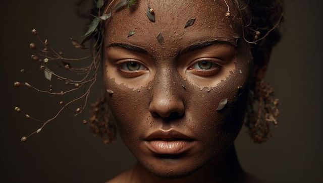 Gazing woman with peeling clay mask and botanical crown, earthy beauty closeup portrait