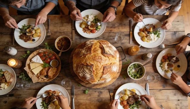 Family sharing rustic dinner around artisan sourdough loaf on wooden table, passing plates