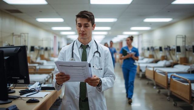 Young doctor reviewing patient charts in busy hospital ward with nurses walking behind