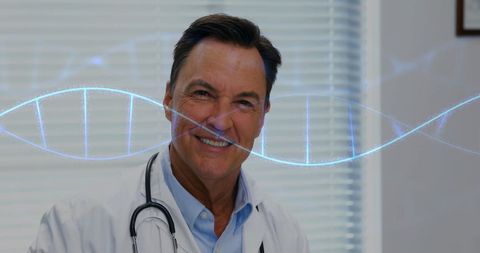 Smiling Doctor with DNA Strands Overlay