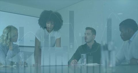Diverse Team Presenting Financial Results with Digital Data Overlays in Boardroom