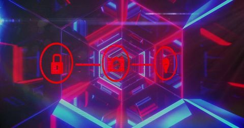 Neon hexagonal tunnel with floating red security icons representing data protection
