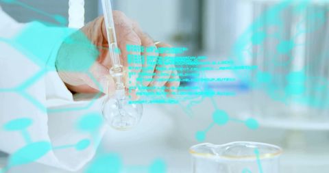 Scientist conducting chemical experiment with digital overlay
