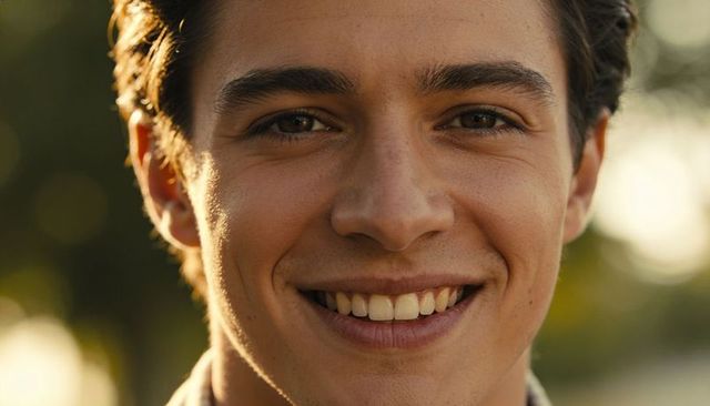 Closeup smiling teenage boy portrait during golden hour outdoors with warm bokeh