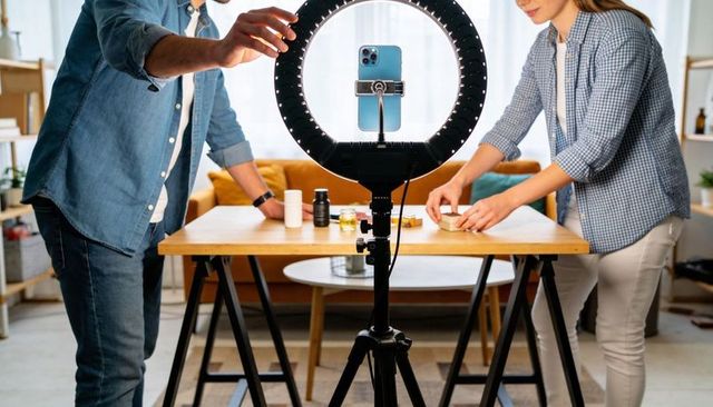 Filming content creators arranging skincare and cosmetics on wooden table with ring light