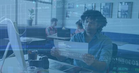 Professional Analyzing Printed Document in Tech Office with Data Overlay