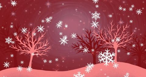 Christmas Winter Scene with Falling Snowflakes in Red Background