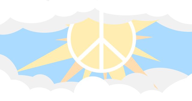 Illustration of peace sign with sun amidst clouds in sky, copy space. Vector, international day of peace, avoid war and violence, celebration, hope, kindness, support.