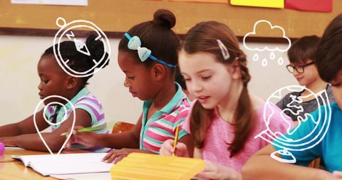 Children Learning Together with Educational Elements Overlay