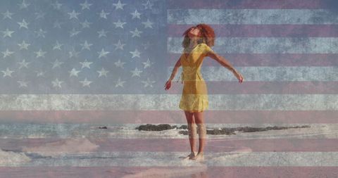 Joyful Woman Embracing Freedom on Beach with Overlay of American Flag
