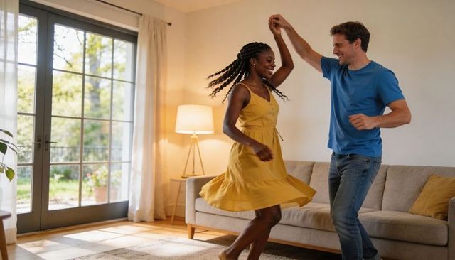 Sunlit living room couple dancing joyfully: woman in yellow dress twirling with partner