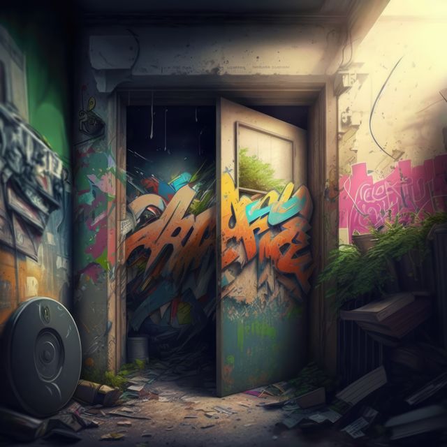 Building with walls and door covered in colorful graffiti created using generative ai technology. Graffiti, urban art and colour concept digitally generated image.