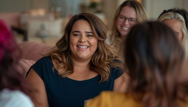 Hispanic woman laughing and chatting while holding glass at cozy living room gathering